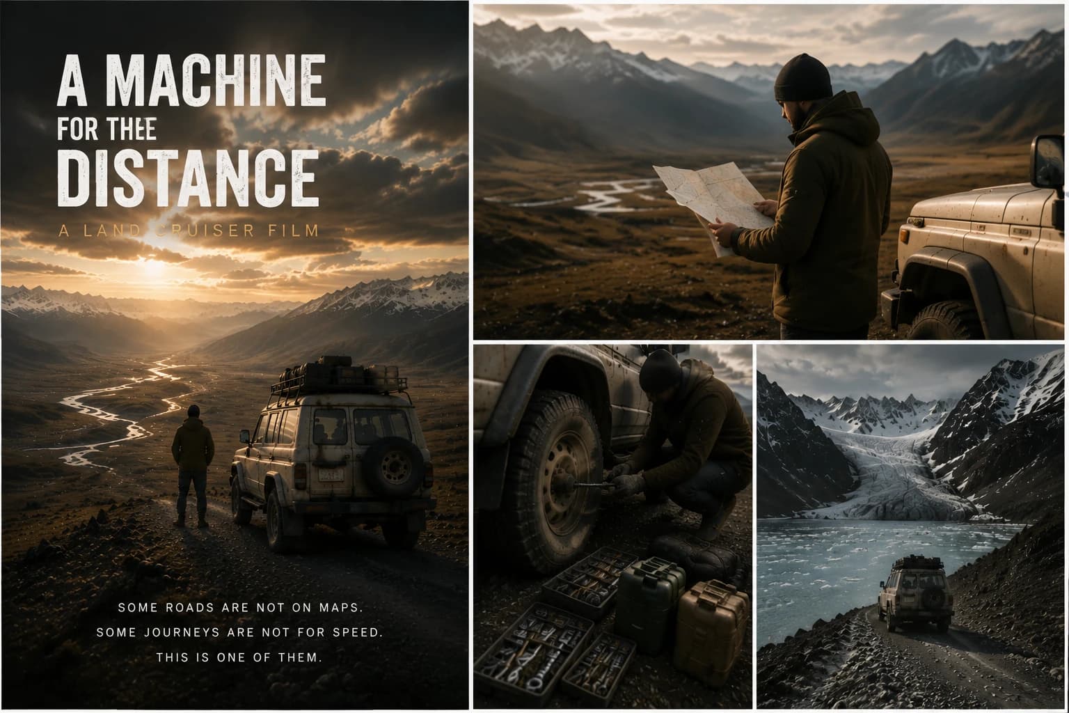 高原暮色中的 Toyota Land Cruiser、旅人與遠方山谷概念視覺