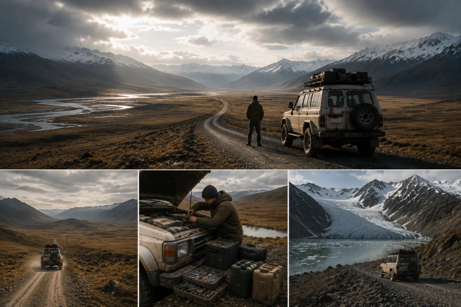 高原山谷、旅人與 Toyota Land Cruiser 的編輯組圖概念視覺