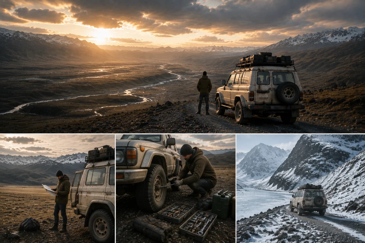 高原、機械檢查與冰雪地形的 Land Cruiser Film 編輯組圖概念視覺