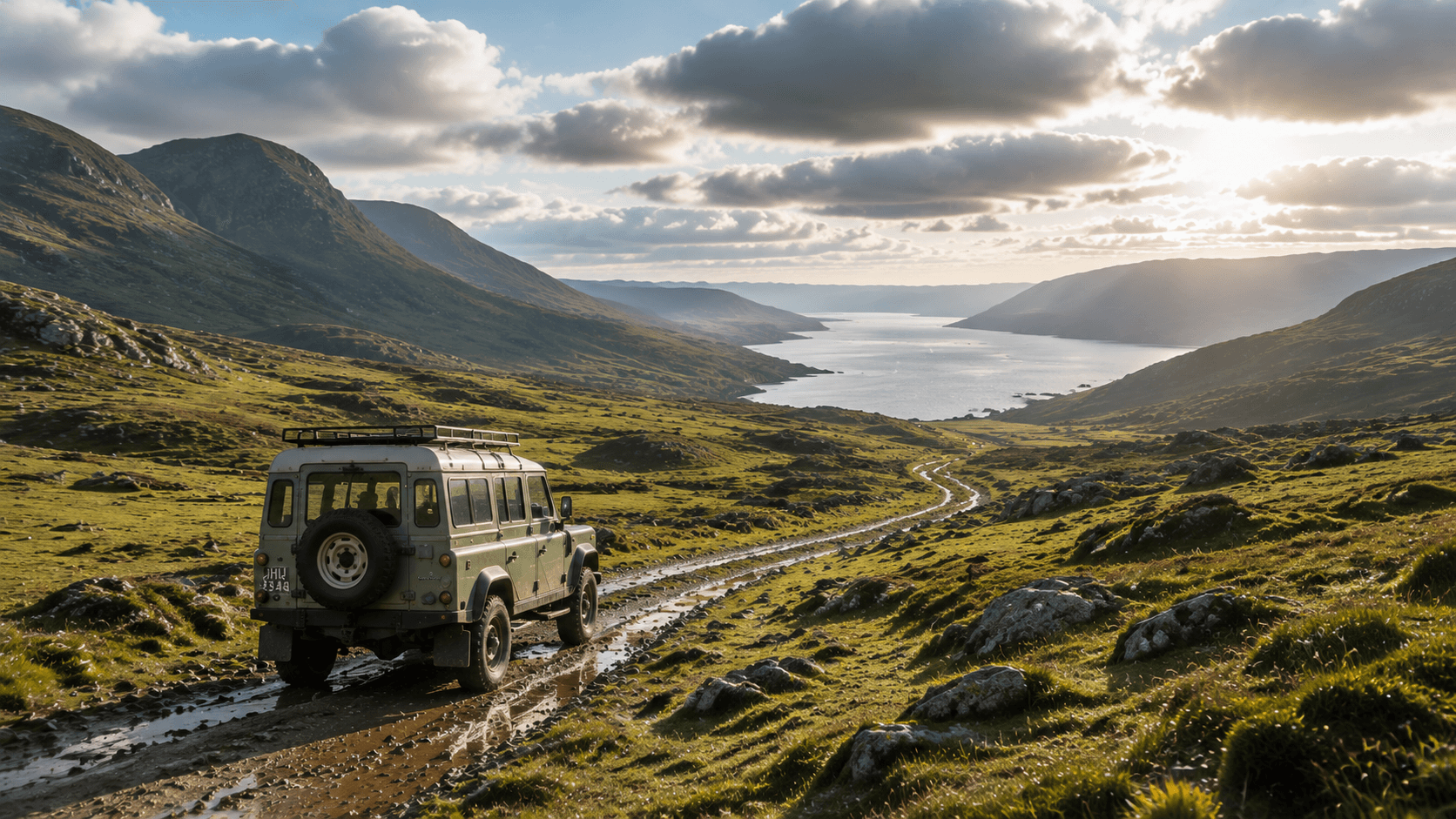 雨後的北大西洋高地，一部 Land Rover Defender 沿著泥土道路穿過綠色山坡