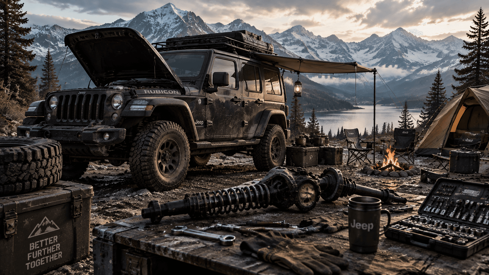 Jeep Wrangler 在高山營地打開引擎蓋,周圍擺放車軸零件、工具與野外裝備