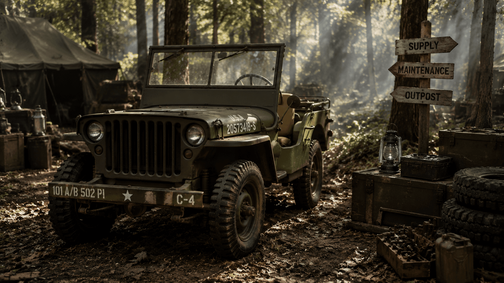 一部 Willys MB 停在林地補給與維護營地中的歷史概念場景