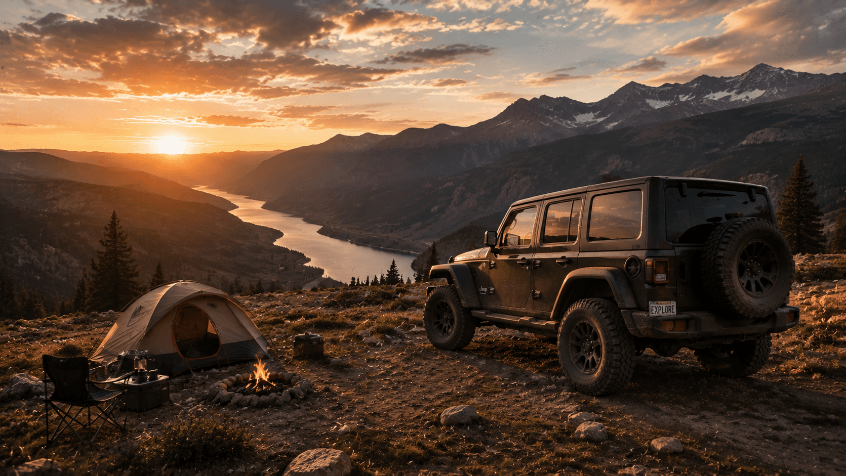 Jeep Wrangler 停在高山湖谷上方的日落營地,車輛與帳篷融入遼闊地景